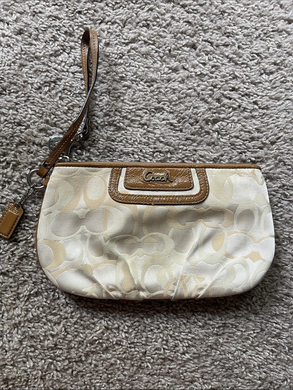 Coach Cream Signature Wristlet with Tan Leather Trim